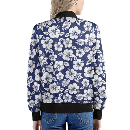 White Blue Hibiscus Floral Pattern Print Women's Bomber Jacket