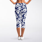 White Blue Hibiscus Floral Pattern Print Women's Capri Leggings