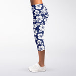 White Blue Hibiscus Floral Pattern Print Women's Capri Leggings