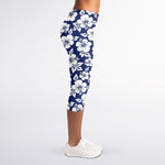 White Blue Hibiscus Floral Pattern Print Women's Capri Leggings