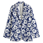 White Blue Hibiscus Floral Pattern Print Women's Cotton Blazer