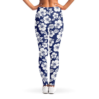 White Blue Hibiscus Floral Pattern Print Women's Leggings