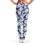 White Blue Hibiscus Floral Pattern Print Women's Leggings