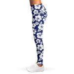 White Blue Hibiscus Floral Pattern Print Women's Leggings