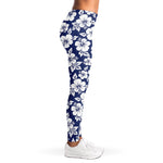 White Blue Hibiscus Floral Pattern Print Women's Leggings