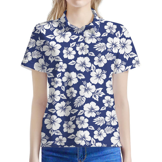 White Blue Hibiscus Floral Pattern Print Women's Polo Shirt
