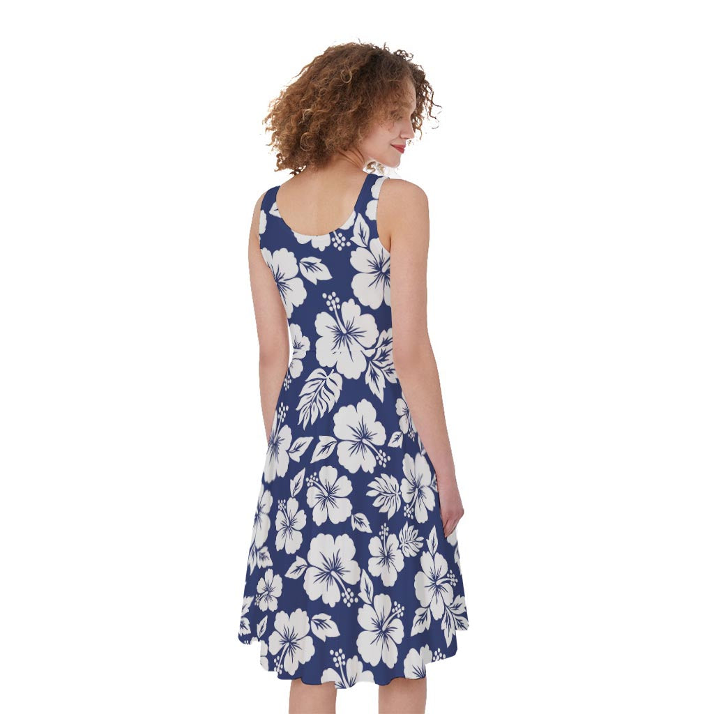 White Blue Hibiscus Floral Pattern Print Women's Sleeveless Dress