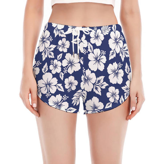White Blue Hibiscus Floral Pattern Print Women's Split Running Shorts