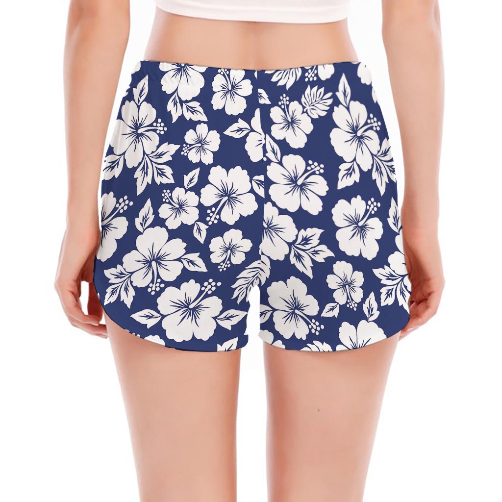 White Blue Hibiscus Floral Pattern Print Women's Split Running Shorts