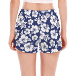 White Blue Hibiscus Floral Pattern Print Women's Split Running Shorts