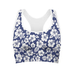 White Blue Hibiscus Floral Pattern Print Women's Sports Bra