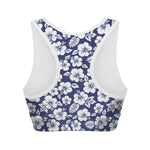 White Blue Hibiscus Floral Pattern Print Women's Sports Bra