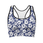 White Blue Hibiscus Floral Pattern Print Women's Sports Bra