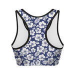 White Blue Hibiscus Floral Pattern Print Women's Sports Bra