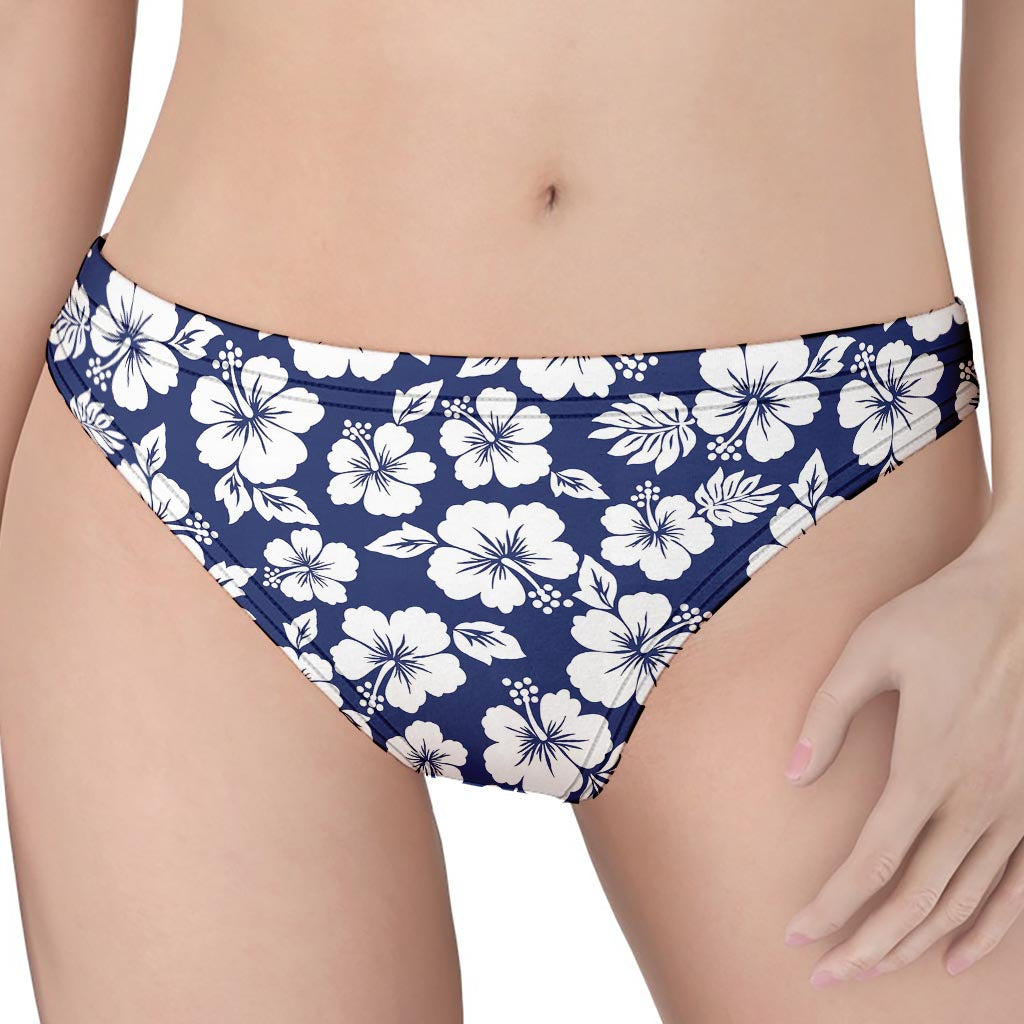 White Blue Hibiscus Floral Pattern Print Women's Thong