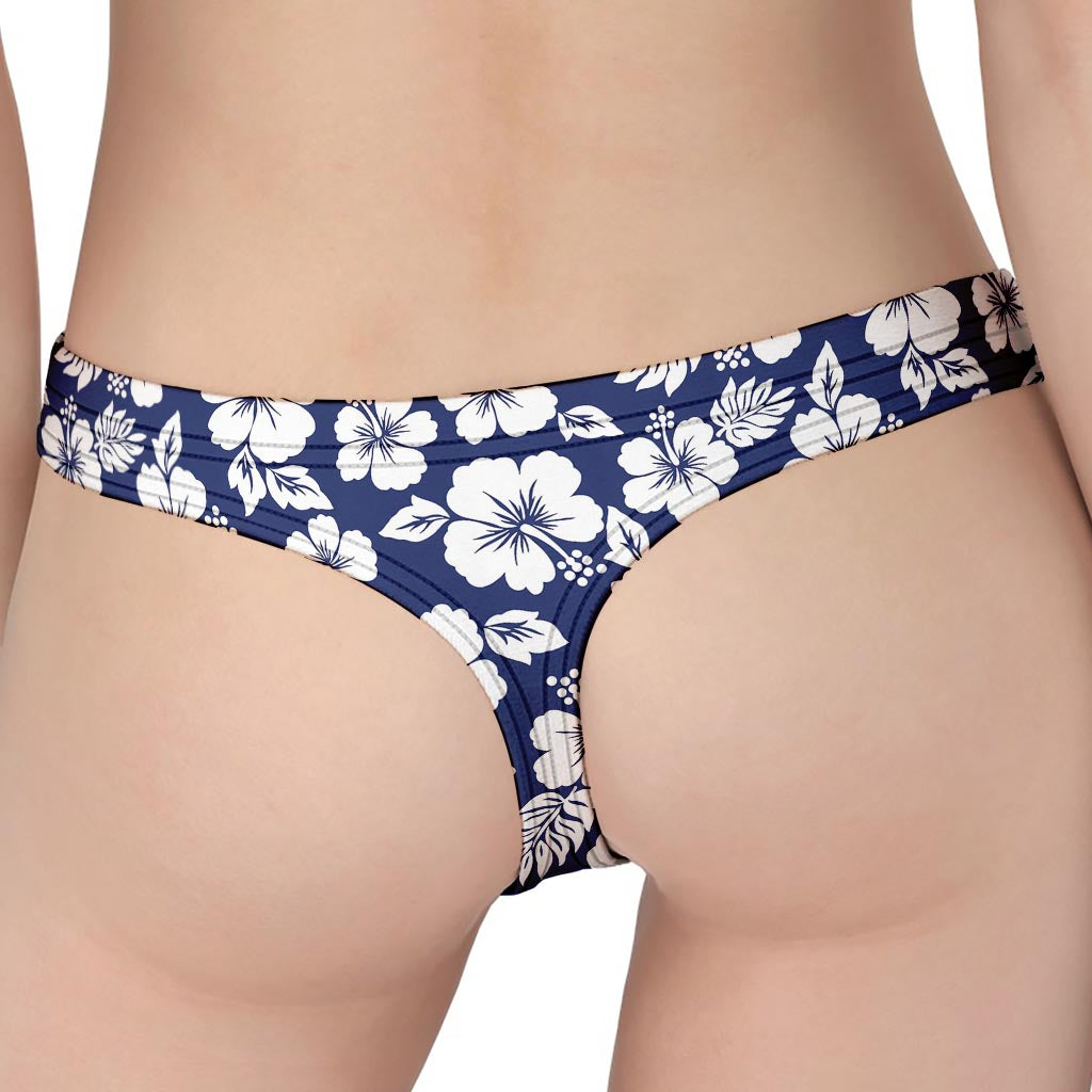 White Blue Hibiscus Floral Pattern Print Women's Thong