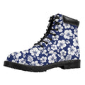 White Blue Hibiscus Floral Pattern Print Padded Collar Lace Up Boots