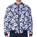 White Blue Hibiscus Floral Pattern Print Zip Sleeve Bomber Jacket