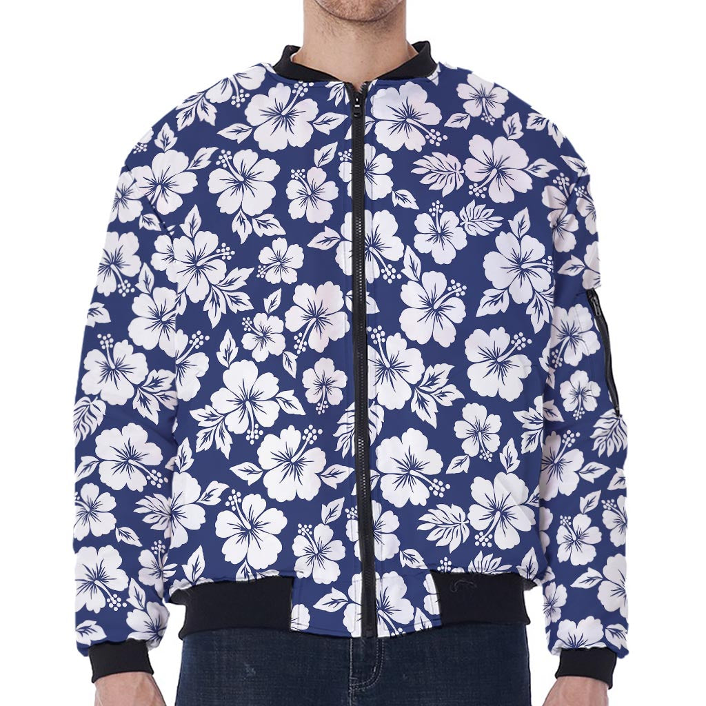 White Blue Hibiscus Floral Pattern Print Zip Sleeve Bomber Jacket