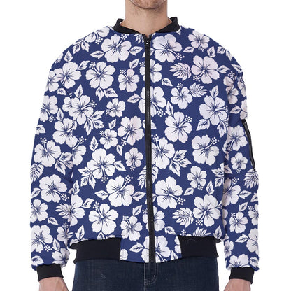 White Blue Hibiscus Floral Pattern Print Zip Sleeve Bomber Jacket