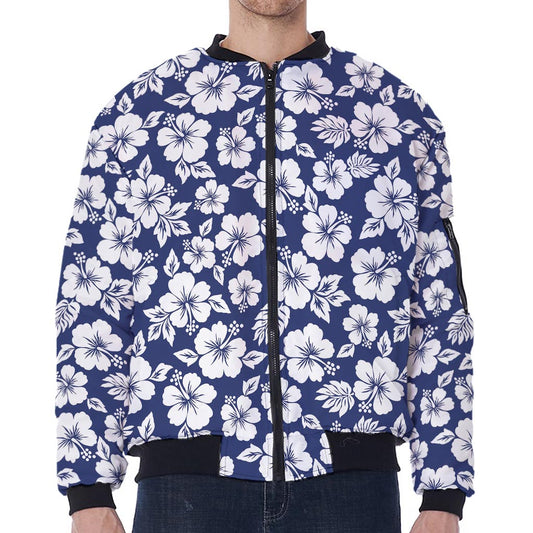 White Blue Hibiscus Floral Pattern Print Zip Sleeve Bomber Jacket