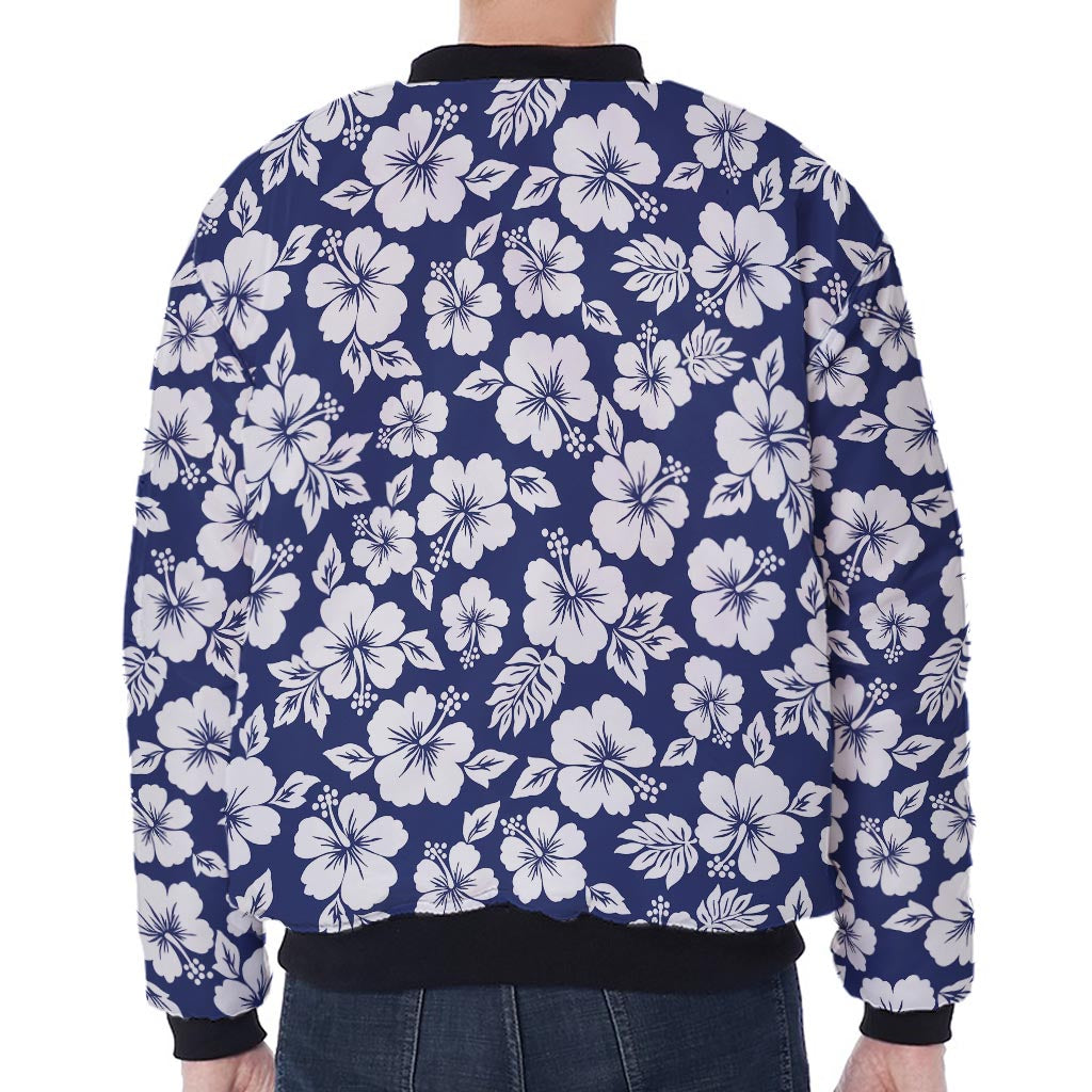 White Blue Hibiscus Floral Pattern Print Zip Sleeve Bomber Jacket