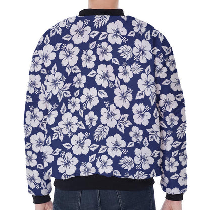 White Blue Hibiscus Floral Pattern Print Zip Sleeve Bomber Jacket