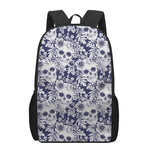 White Blue Skull Floral Pattern Print 17 Inch Backpack