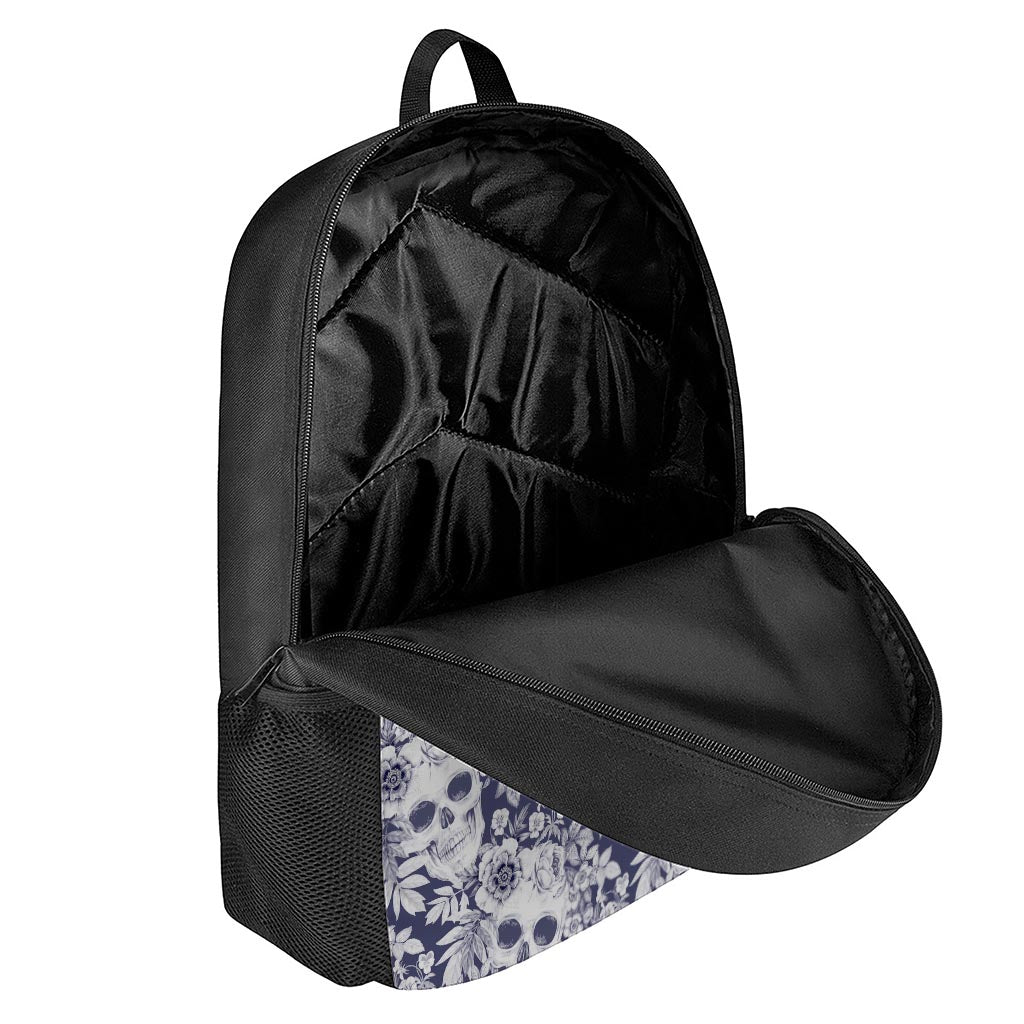 White Blue Skull Floral Pattern Print 17 Inch Backpack