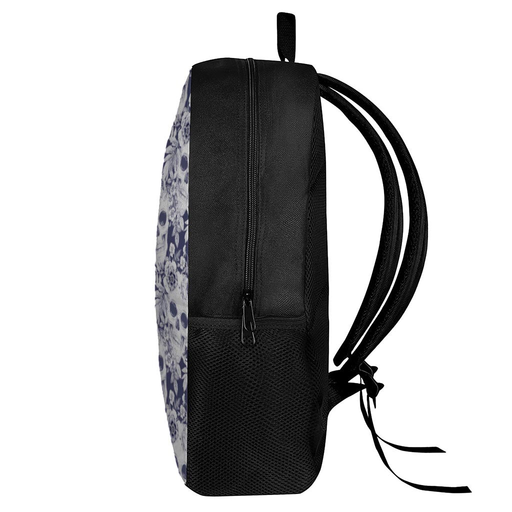 White Blue Skull Floral Pattern Print 17 Inch Backpack