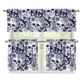 White Blue Skull Floral Pattern Print 3 Piece Kitchen Curtains