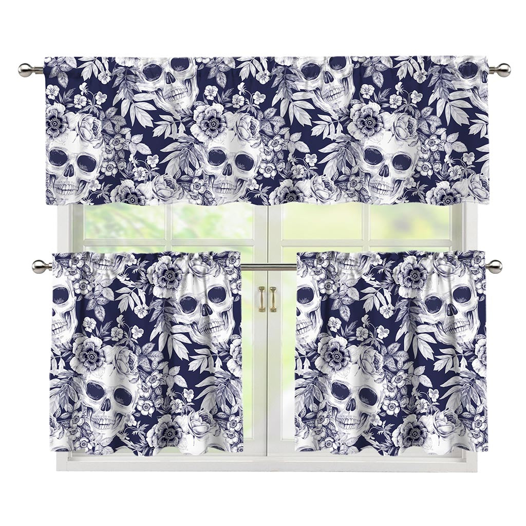 White Blue Skull Floral Pattern Print 3 Piece Kitchen Curtains