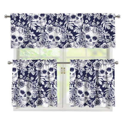 White Blue Skull Floral Pattern Print 3 Piece Kitchen Curtains