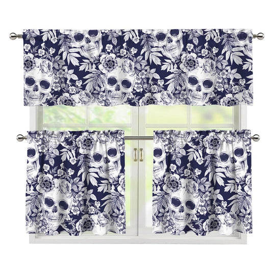 White Blue Skull Floral Pattern Print 3 Piece Kitchen Curtains