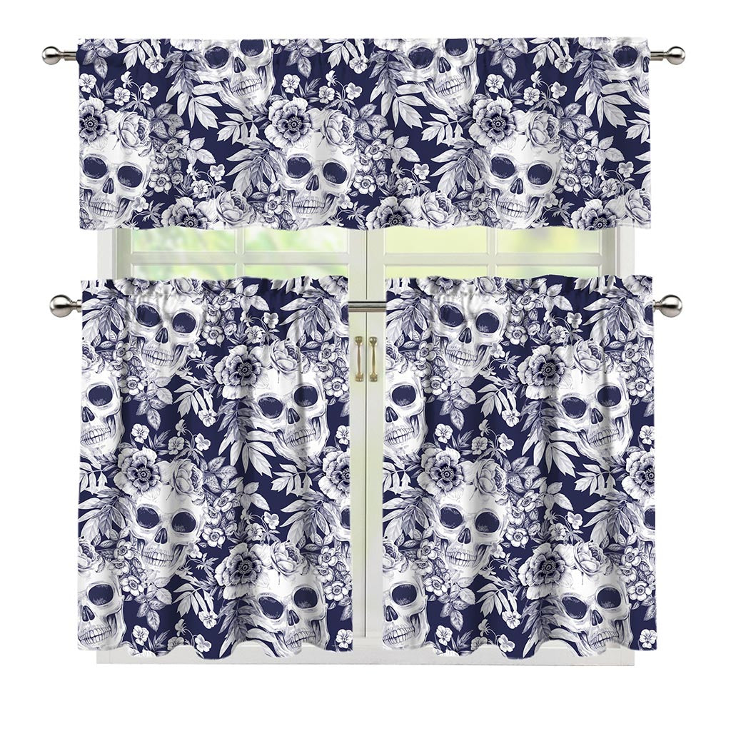 White Blue Skull Floral Pattern Print 3 Piece Kitchen Curtains