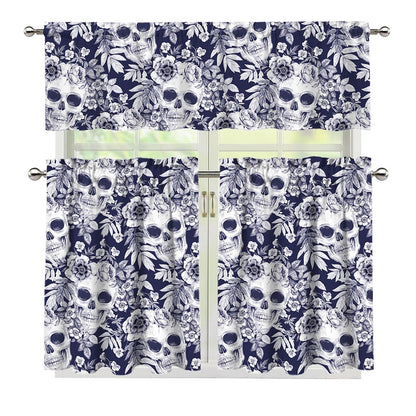 White Blue Skull Floral Pattern Print 3 Piece Kitchen Curtains