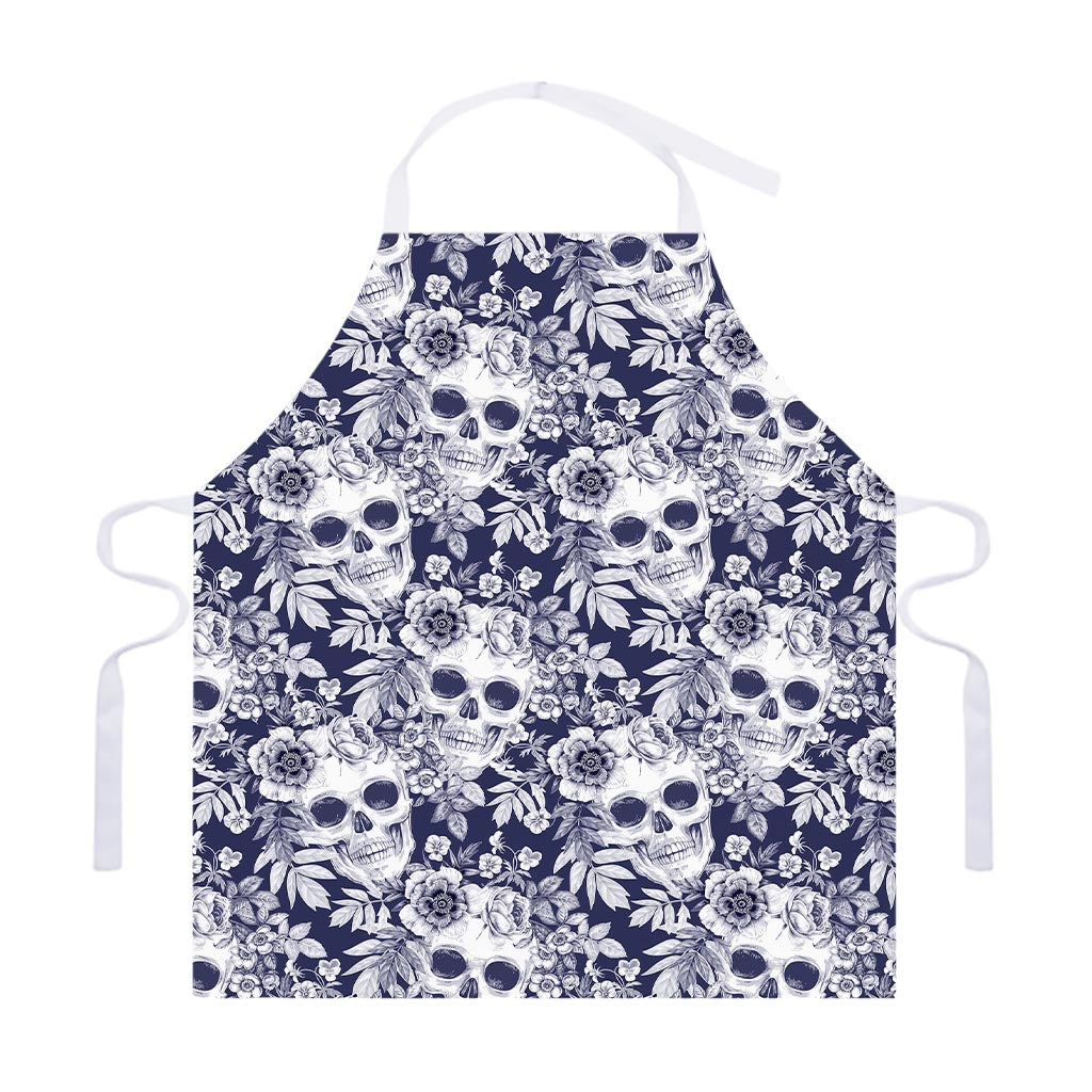 White Blue Skull Floral Pattern Print Adjustable Apron