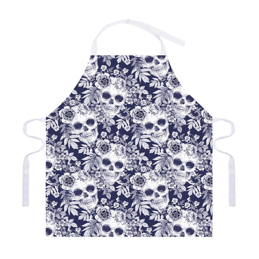 White Blue Skull Floral Pattern Print Adjustable Apron