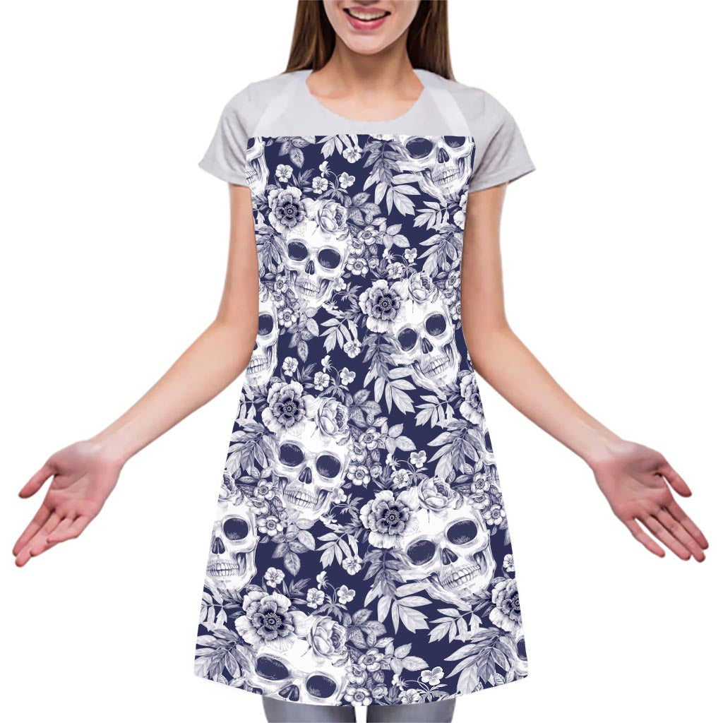 White Blue Skull Floral Pattern Print Adjustable Apron