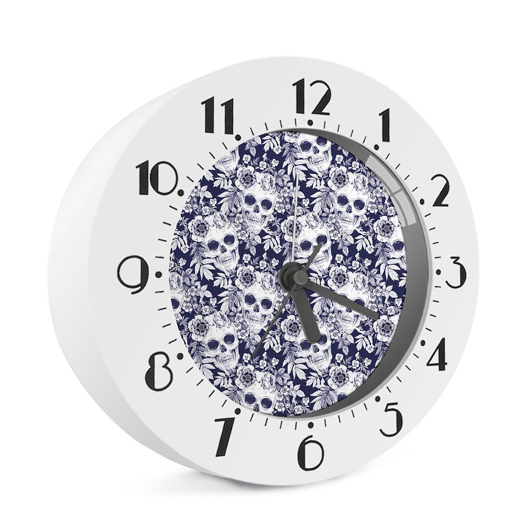 White Blue Skull Floral Pattern Print Alarm Clock