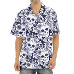 White Blue Skull Floral Pattern Print Aloha Shirt