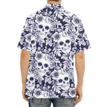 White Blue Skull Floral Pattern Print Aloha Shirt