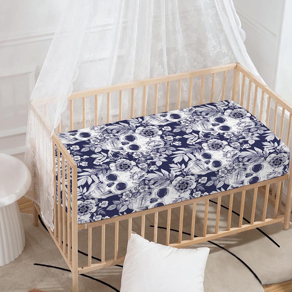 White Blue Skull Floral Pattern Print Baby Crib Sheet