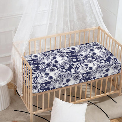 White Blue Skull Floral Pattern Print Baby Crib Sheet