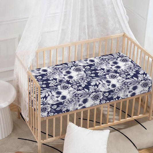 White Blue Skull Floral Pattern Print Baby Crib Sheet