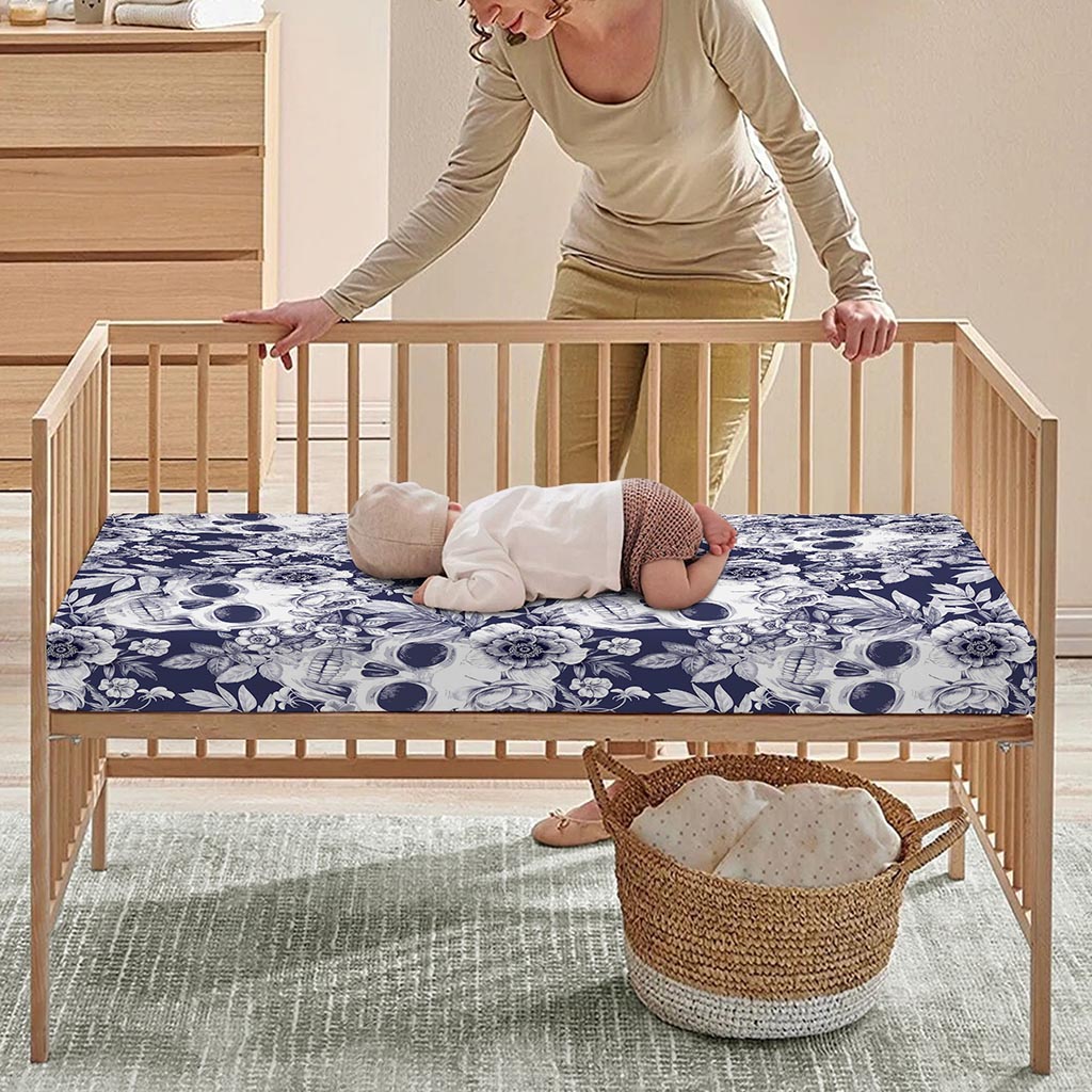 White Blue Skull Floral Pattern Print Baby Crib Sheet