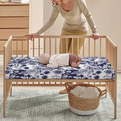 White Blue Skull Floral Pattern Print Baby Crib Sheet
