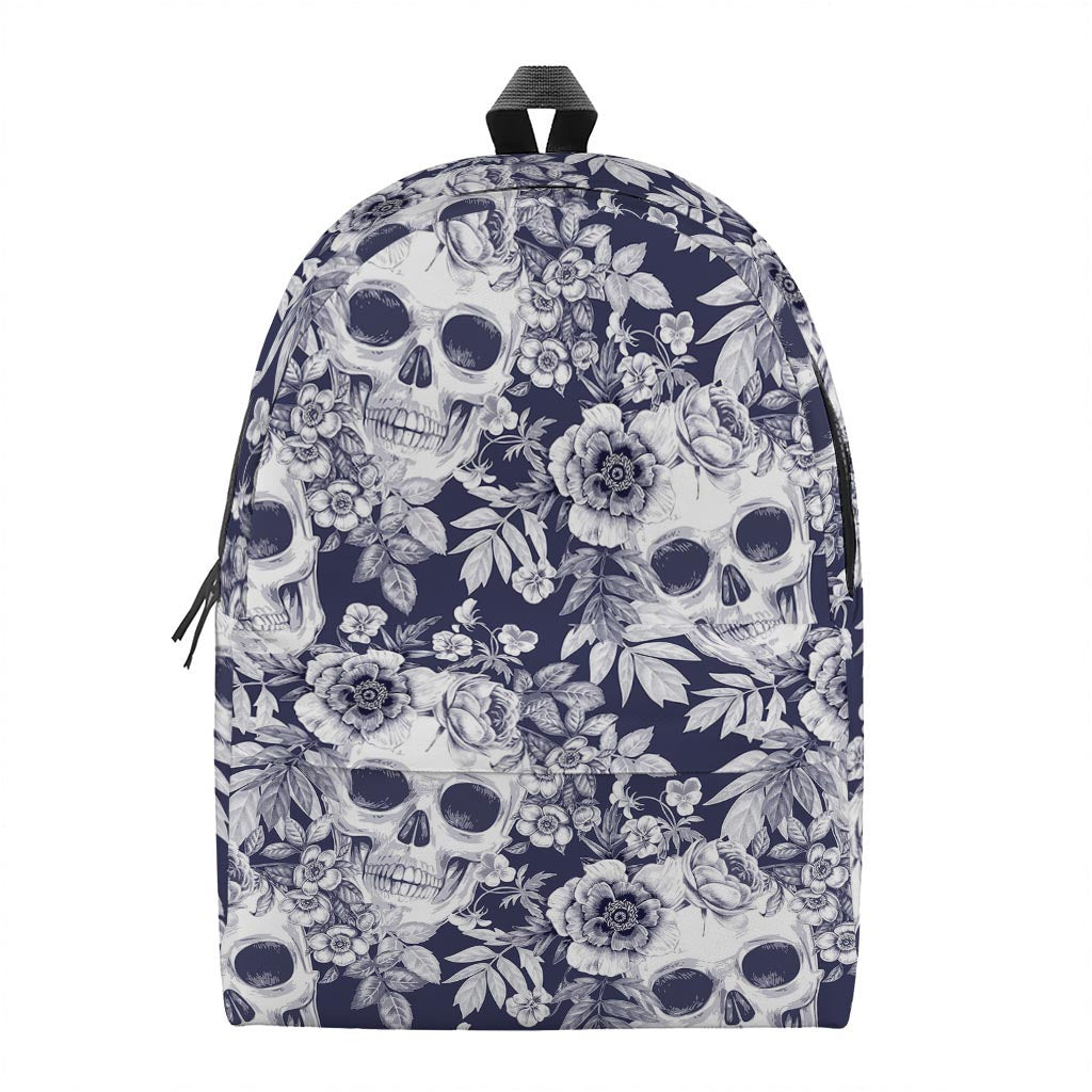 White Blue Skull Floral Pattern Print Backpack