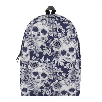 White Blue Skull Floral Pattern Print Backpack