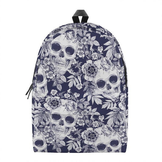 White Blue Skull Floral Pattern Print Backpack